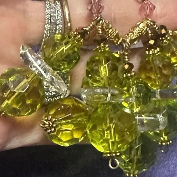 Handmade One of a Kind Green & Rock Crystal Rose Quartz Art Glass Necklace - Picture 6 of 9